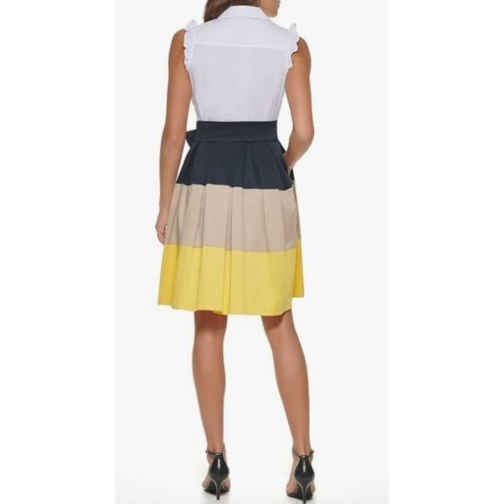 Tommy Hilfiger Dress Color Block Tie Waist Ruffle Buttons Academia Preppy 10 - Picture 2 of 12